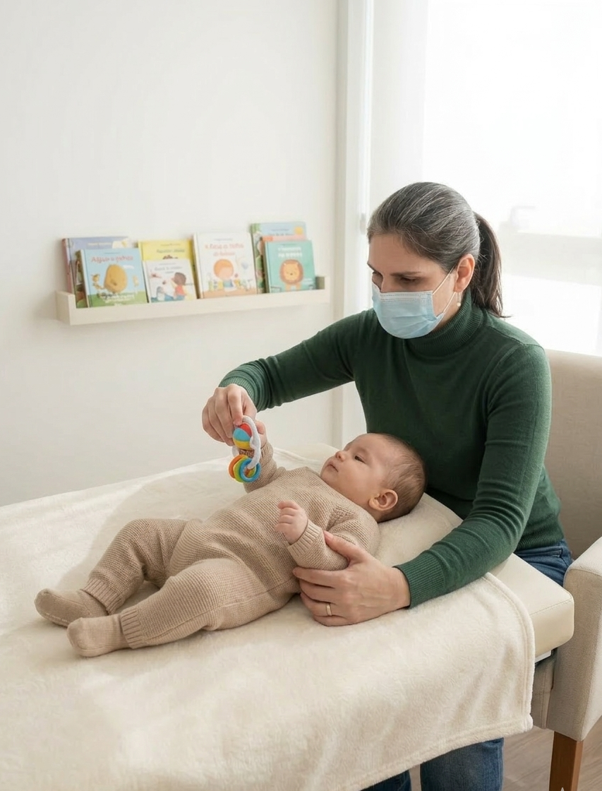 Mãos da osteopata apoiando com delicadeza a cabeça de um bebê durante a sessão